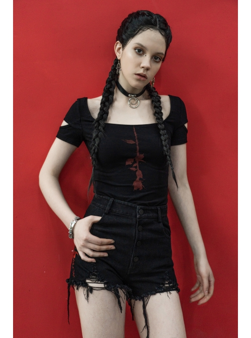 Inverted Rose Print U-Shaped Collar Hollow-Out Short Sleeve Black Punk Tight T-Shirt