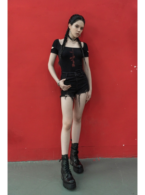 Inverted Rose Print U-Shaped Collar Hollow-Out Short Sleeve Black Punk Tight T-Shirt