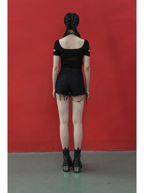 Inverted Rose Print U-Shaped Collar Hollow-Out Short Sleeve Black Punk Tight T-Shirt