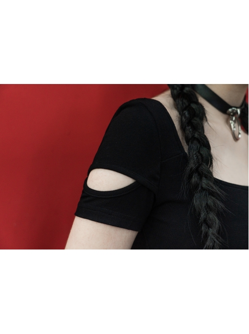 Inverted Rose Print U-Shaped Collar Hollow-Out Short Sleeve Black Punk Tight T-Shirt