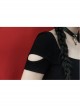 Inverted Rose Print U-Shaped Collar Hollow-Out Short Sleeve Black Punk Tight T-Shirt