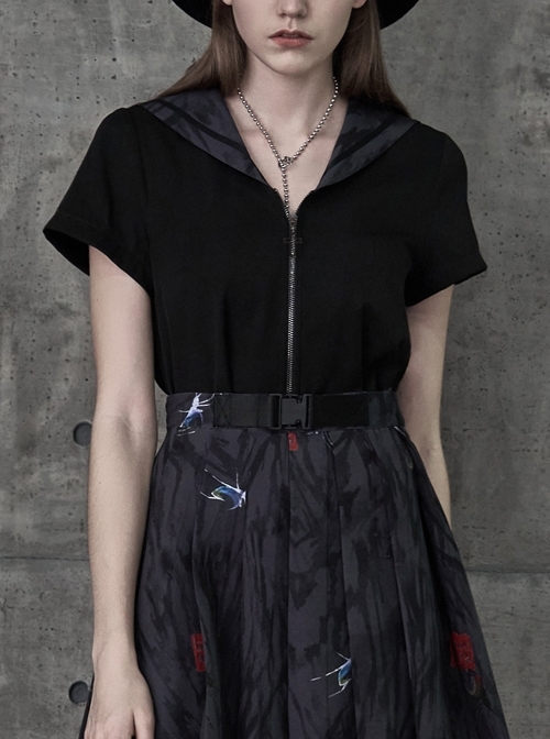 Spider Ink Printed Sailor Collar Cross Zipper Black Punk Short Uniform Jacket Top
