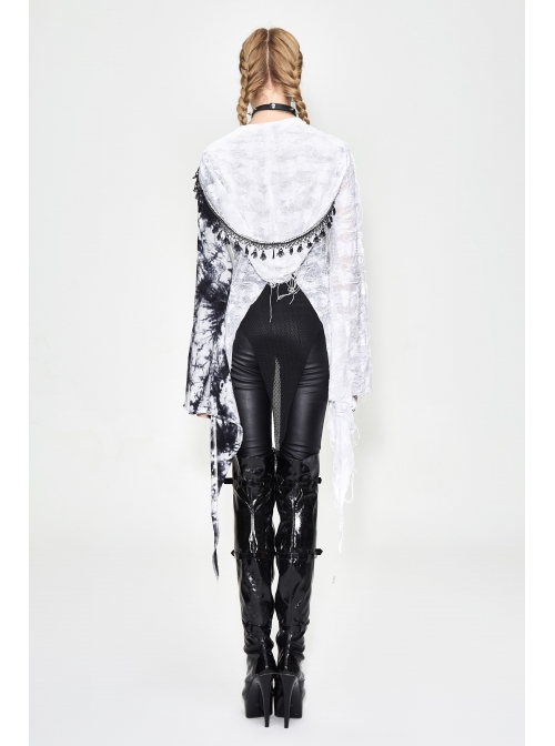 Punk Tassel Braid Hood Black Tie-Dyed White Jersey Worn Out Asymmetrical Coat