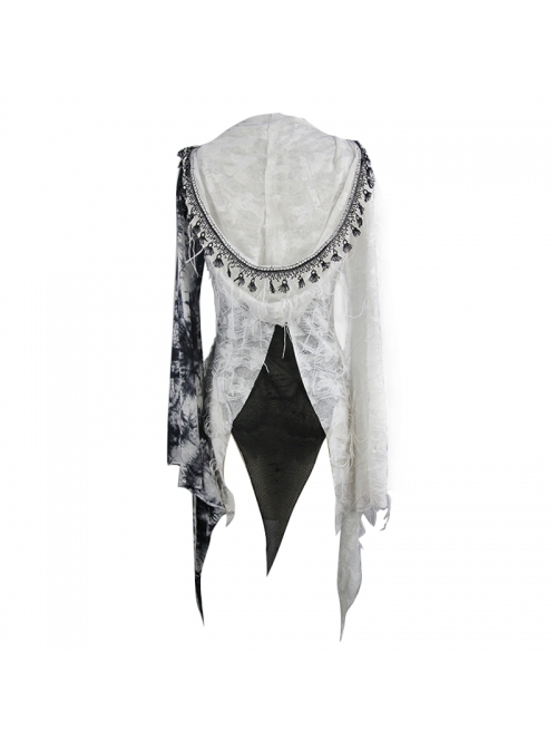 Punk Tassel Braid Hood Black Tie-Dyed White Jersey Worn Out Asymmetrical Coat