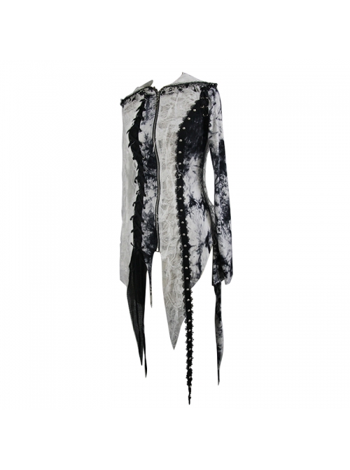 Punk Tassel Braid Hood Black Tie-Dyed White Jersey Worn Out Asymmetrical Coat