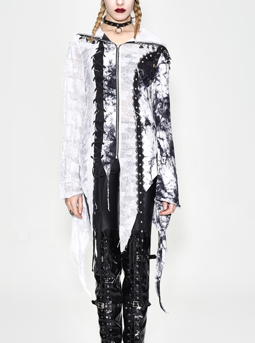 Punk Tassel Braid Hood Black Tie-Dyed White Jersey Worn Out Asymmetrical Coat