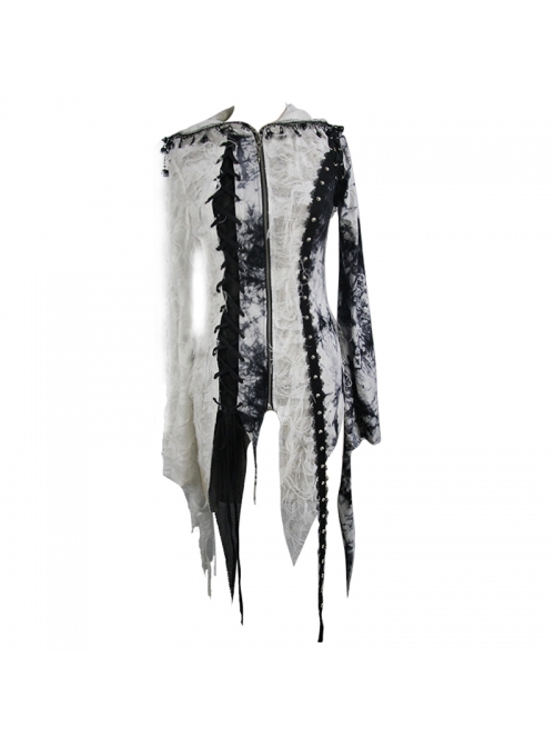 Punk Tassel Braid Hood Black Tie-Dyed White Jersey Worn Out Asymmetrical Coat