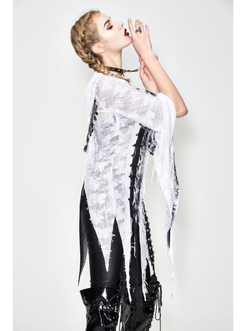 Punk Tassel Braid Hood Black Tie-Dyed White Jersey Worn Out Asymmetrical Coat