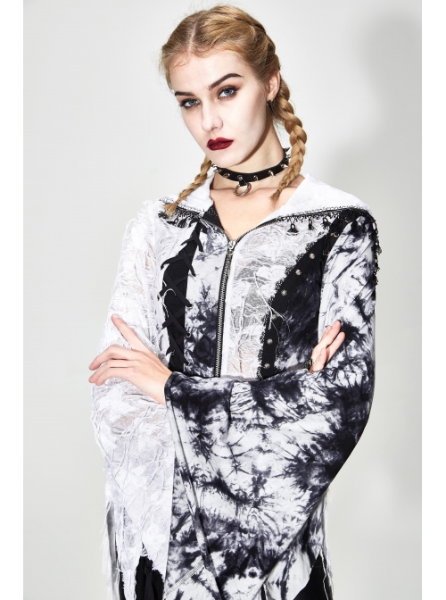 Punk Tassel Braid Hood Black Tie-Dyed White Jersey Worn Out Asymmetrical Coat