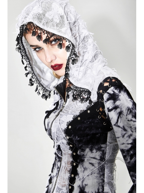 Punk Tassel Braid Hood Black Tie-Dyed White Jersey Worn Out Asymmetrical Coat