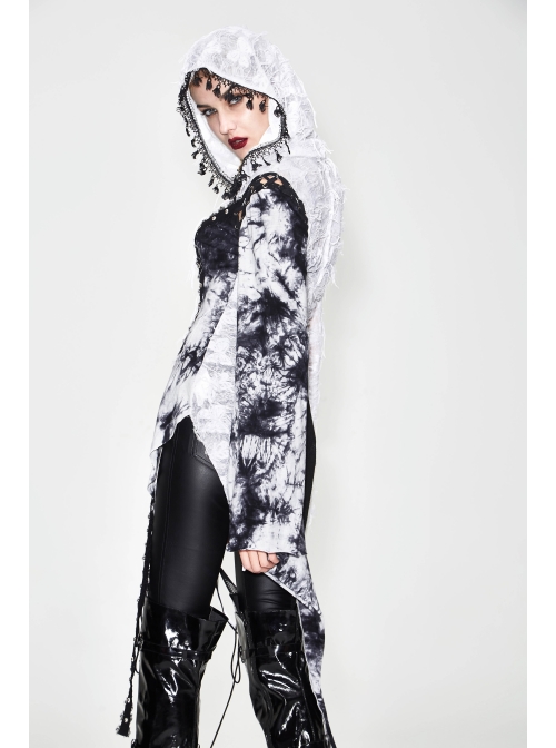 Punk Tassel Braid Hood Black Tie-Dyed White Jersey Worn Out Asymmetrical Coat