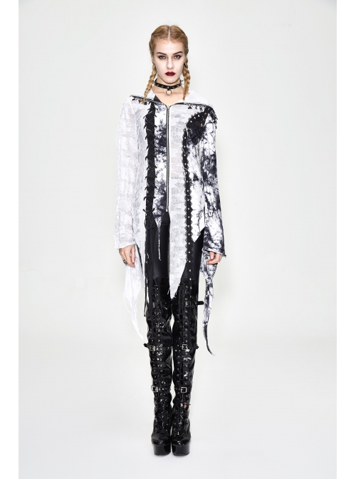 Punk Tassel Braid Hood Black Tie-Dyed White Jersey Worn Out Asymmetrical Coat