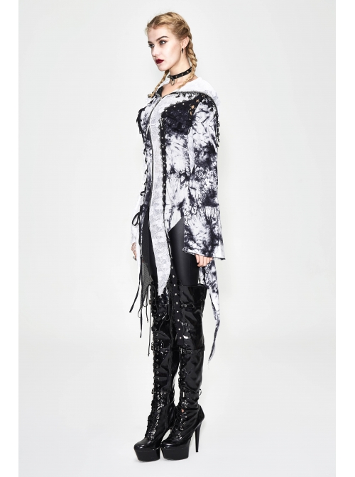Punk Tassel Braid Hood Black Tie-Dyed White Jersey Worn Out Asymmetrical Coat