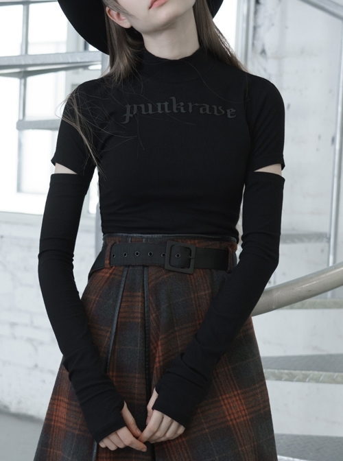 Small Stand-Up Collar Chest Silicone Logo Printed Hollow-Out Long Sleeve Black Punk Tight T-Shirt