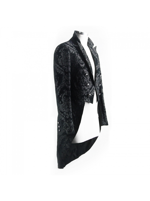 Gothic Thick Black Jacquard Split Design Basic Dress Coat
