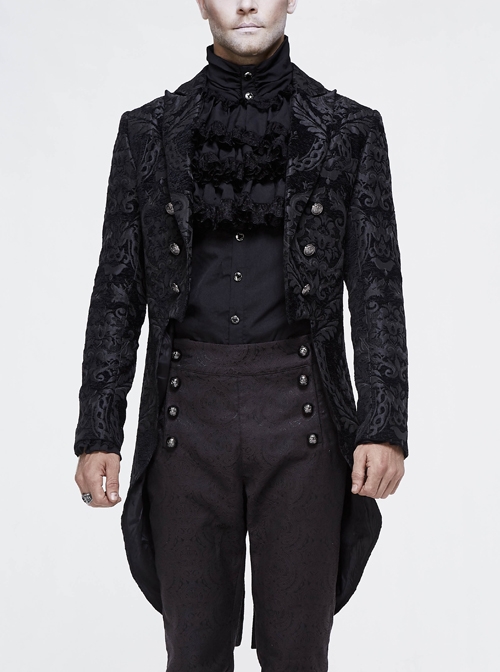 Gothic Thick Black Jacquard Split Design Basic Dress Coat
