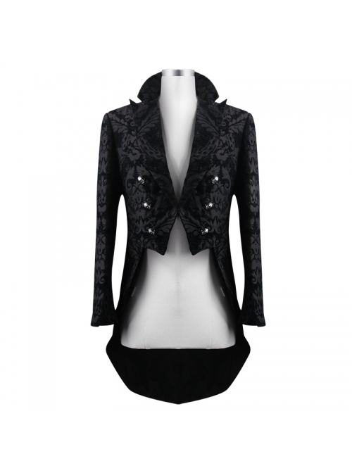 Gothic Thick Black Jacquard Split Design Basic Dress Coat