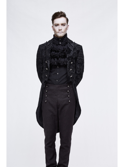 Gothic Thick Black Jacquard Split Design Basic Dress Coat