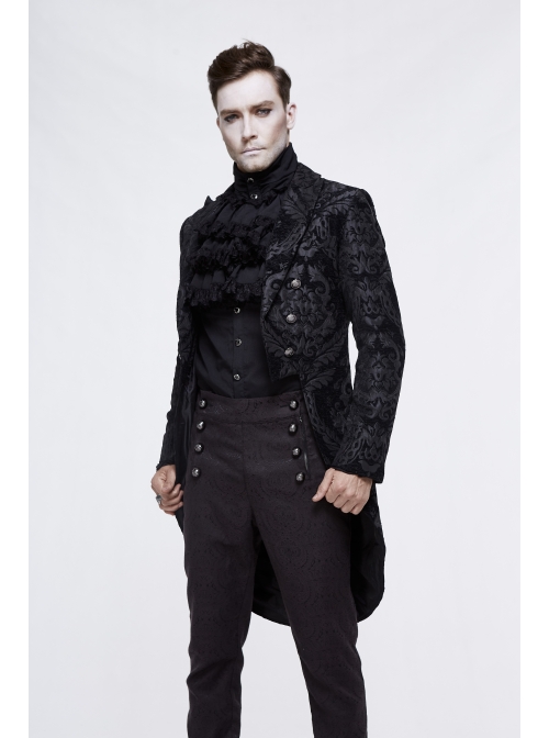 Gothic Thick Black Jacquard Split Design Basic Dress Coat