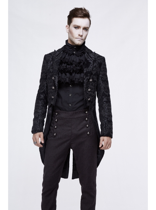Gothic Thick Black Jacquard Split Design Basic Dress Coat