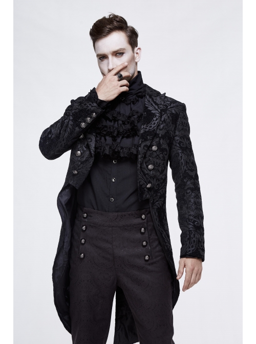 Gothic Thick Black Jacquard Split Design Basic Dress Coat