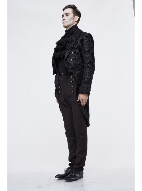 Gothic Thick Black Jacquard Split Design Basic Dress Coat