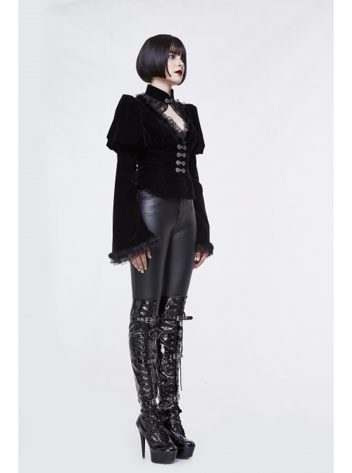 Gothic Vintage-Carved Hook Clasp Big Stand V-Collar Rabbit Hair Lace Cuff Black Jacquard Weft Velveteen Long Men Coat
