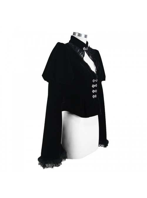 Gothic Vintage-Carved Hook Clasp Big Stand V-Collar Rabbit Hair Lace Cuff Black Jacquard Weft Velveteen Long Men Coat