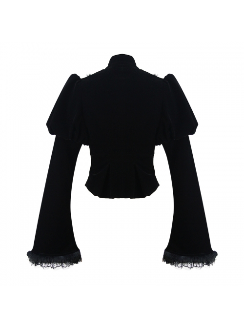 Gothic Vintage-Carved Hook Clasp Big Stand V-Collar Rabbit Hair Lace Cuff Black Jacquard Weft Velveteen Long Men Coat