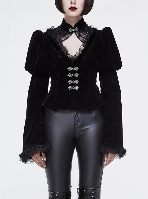 Gothic Vintage-Carved Hook Clasp Big Stand V-Collar Rabbit Hair Lace Cuff Black Jacquard Weft Velveteen Long Men Coat