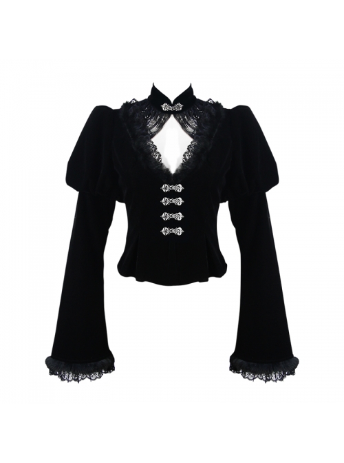 Gothic Vintage-Carved Hook Clasp Big Stand V-Collar Rabbit Hair Lace Cuff Black Jacquard Weft Velveteen Long Men Coat
