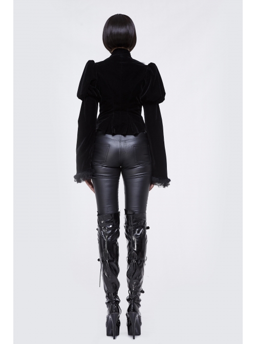Gothic Vintage-Carved Hook Clasp Big Stand V-Collar Rabbit Hair Lace Cuff Black Jacquard Weft Velveteen Long Men Coat