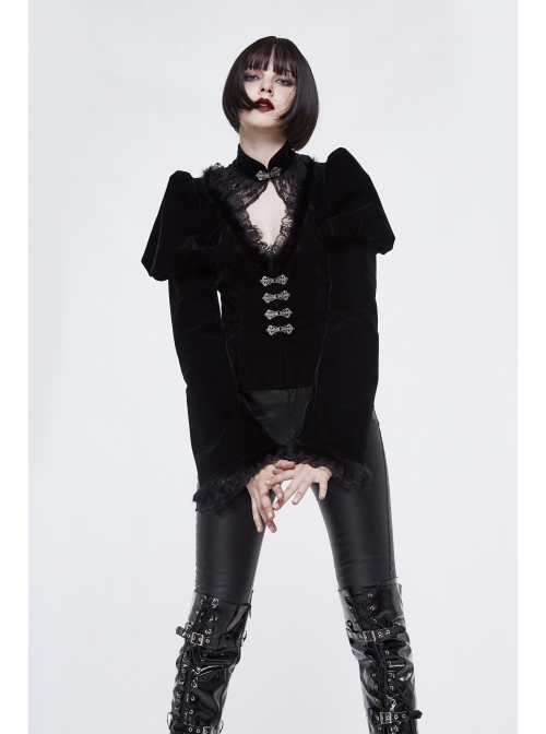 Gothic Vintage-Carved Hook Clasp Big Stand V-Collar Rabbit Hair Lace Cuff Black Jacquard Weft Velveteen Long Men Coat