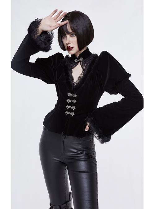 Gothic Vintage-Carved Hook Clasp Big Stand V-Collar Rabbit Hair Lace Cuff Black Jacquard Weft Velveteen Long Men Coat