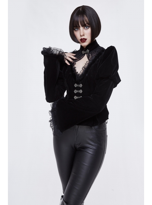Gothic Vintage-Carved Hook Clasp Big Stand V-Collar Rabbit Hair Lace Cuff Black Jacquard Weft Velveteen Long Men Coat