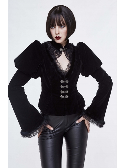 Gothic Vintage-Carved Hook Clasp Big Stand V-Collar Rabbit Hair Lace Cuff Black Jacquard Weft Velveteen Long Men Coat