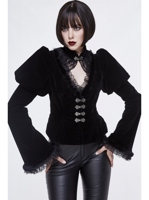 Gothic Vintage-Carved Hook Clasp Big Stand V-Collar Rabbit Hair Lace Cuff Black Jacquard Weft Velveteen Long Men Coat