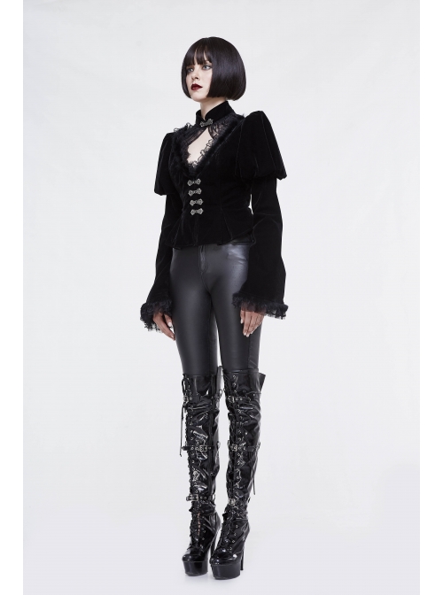 Gothic Vintage-Carved Hook Clasp Big Stand V-Collar Rabbit Hair Lace Cuff Black Jacquard Weft Velveteen Long Men Coat