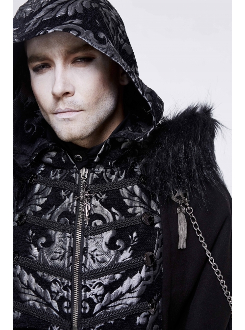 Gothic Metal Chain Decorated Black Jacquard Woolen Hooded Fur Collar Cloak