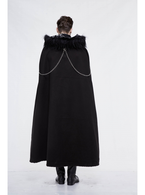 Gothic Metal Chain Decorated Black Jacquard Woolen Hooded Fur Collar Cloak