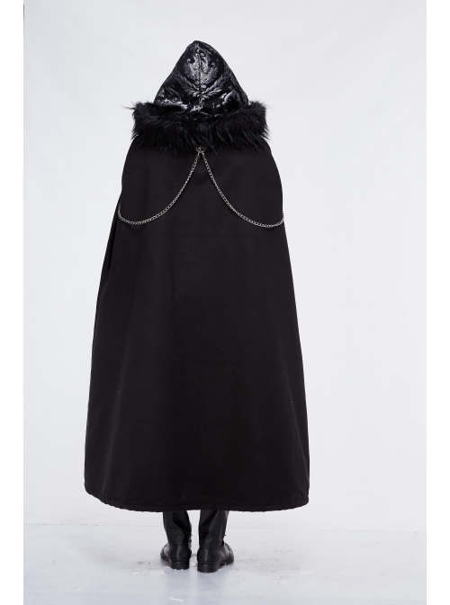 Gothic Metal Chain Decorated Black Jacquard Woolen Hooded Fur Collar Cloak