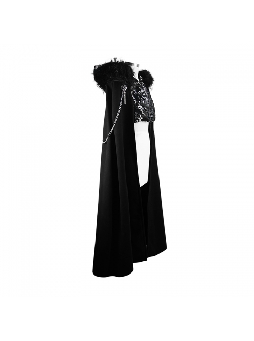 Gothic Metal Chain Decorated Black Jacquard Woolen Hooded Fur Collar Cloak
