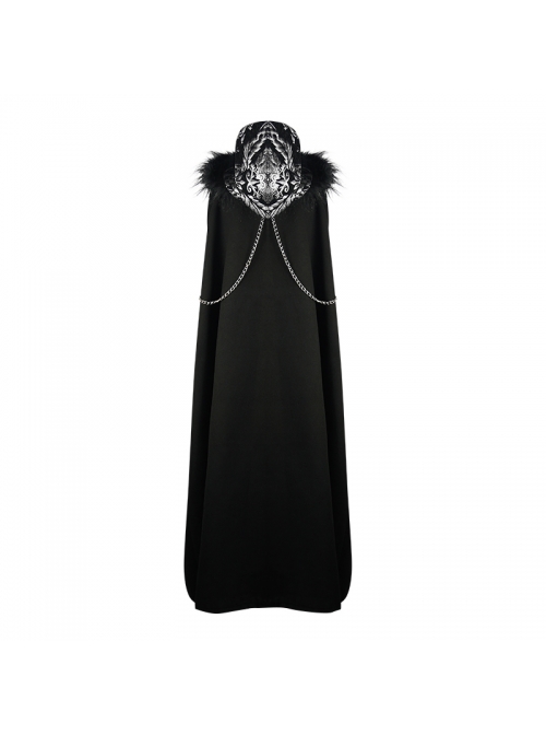 Gothic Metal Chain Decorated Black Jacquard Woolen Hooded Fur Collar Cloak