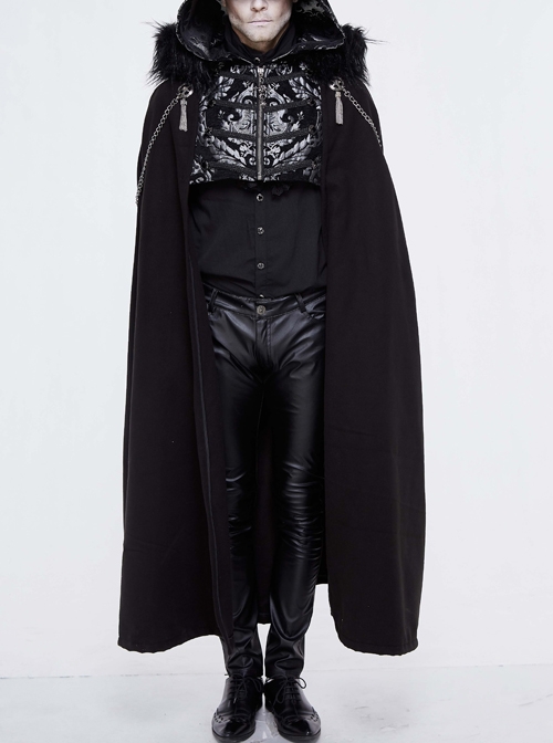 Gothic Metal Chain Decorated Black Jacquard Woolen Hooded Fur Collar Cloak