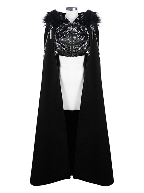 Gothic Metal Chain Decorated Black Jacquard Woolen Hooded Fur Collar Cloak