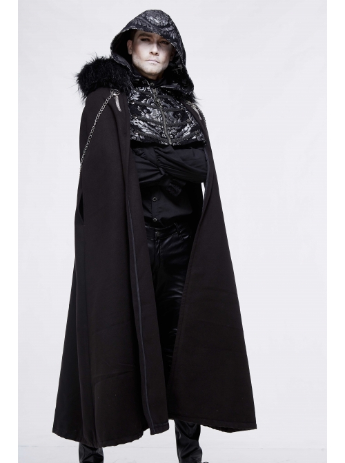 Gothic Metal Chain Decorated Black Jacquard Woolen Hooded Fur Collar Cloak