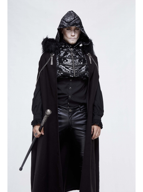Gothic Metal Chain Decorated Black Jacquard Woolen Hooded Fur Collar Cloak