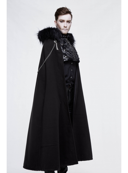 Gothic Metal Chain Decorated Black Jacquard Woolen Hooded Fur Collar Cloak