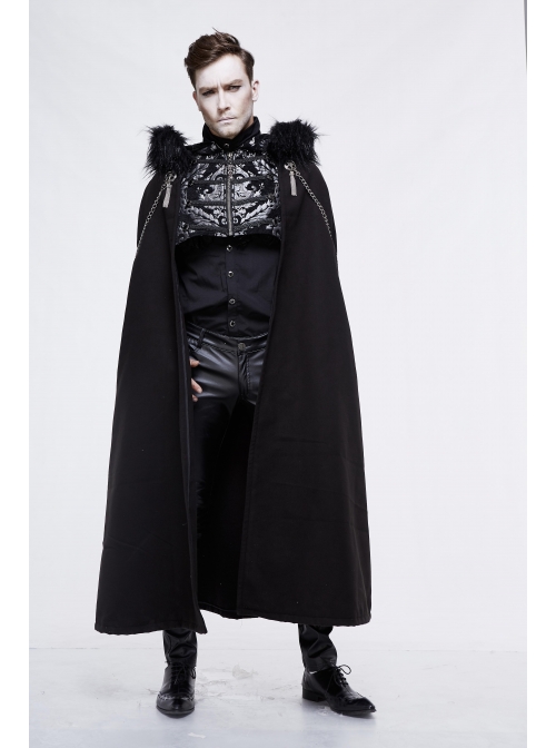 Gothic Metal Chain Decorated Black Jacquard Woolen Hooded Fur Collar Cloak