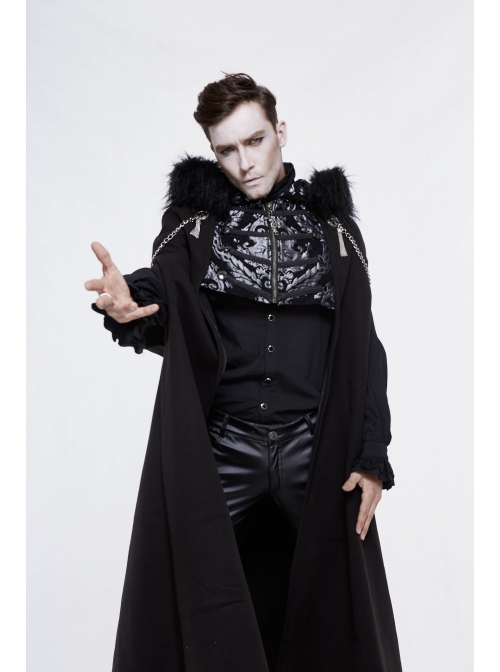 Gothic Metal Chain Decorated Black Jacquard Woolen Hooded Fur Collar Cloak